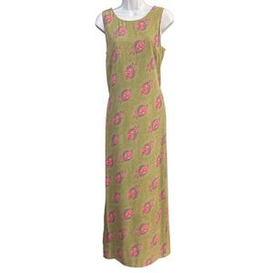 Vintage Casual Corner Silk Maxi Dress Cottagecore Boho Floral Paisley Olive Pink